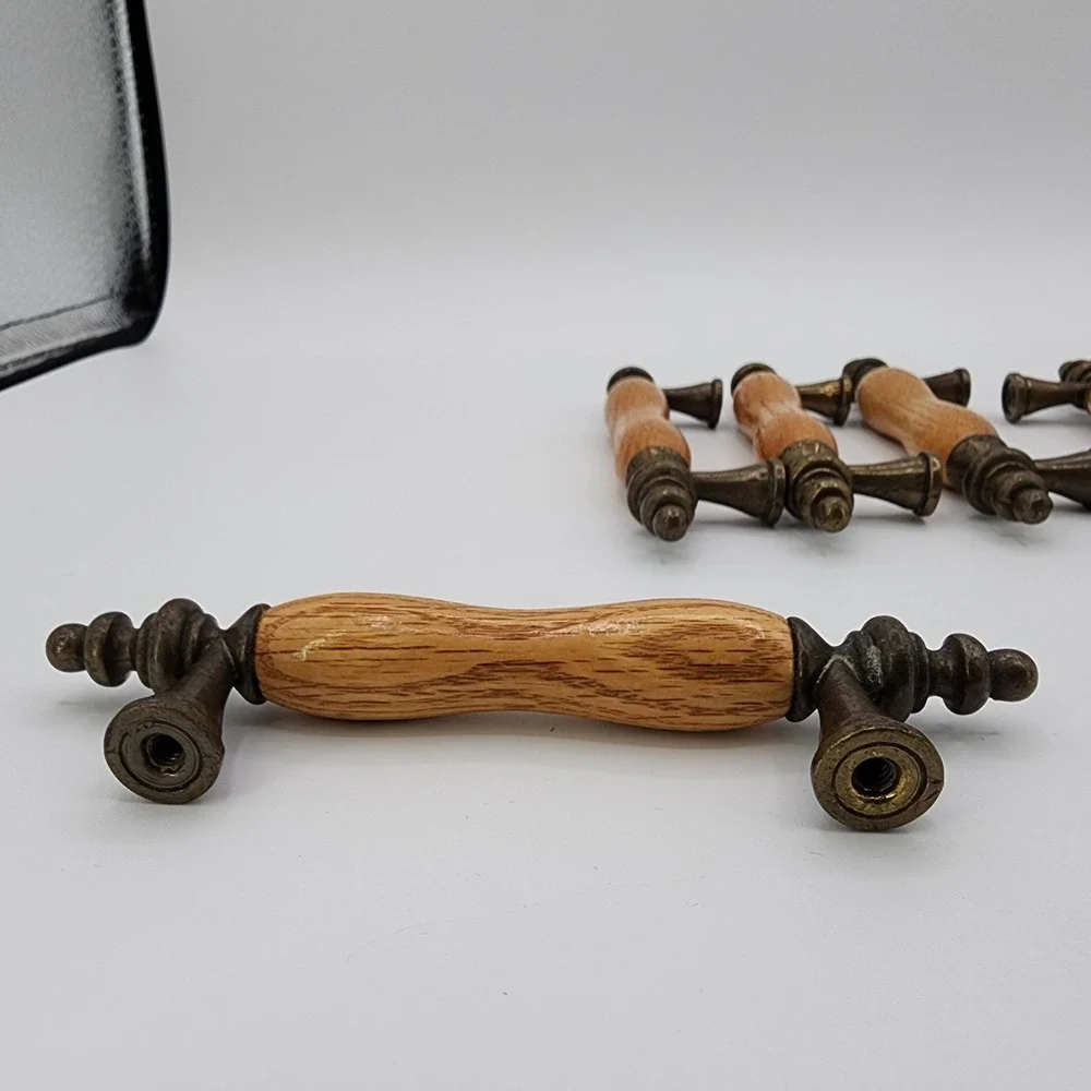Vintage Salvaged Recycled‎ Wood & Brass Drawer Pulls Oak & Metal Cabinet Handles